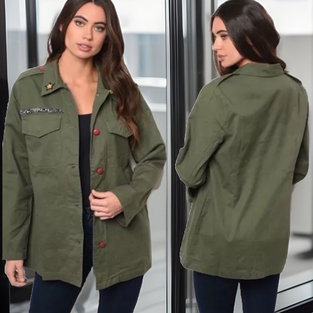Army Green Military Style Utility Red Buttons W/Pockets Fashion Jacket 💯cotton